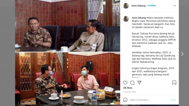 Tangkapan layar pertemuan Jokowi dan Ahok, dan pertemuan Gibran dengan Gibran. [Instagram/@tomi.lebang]