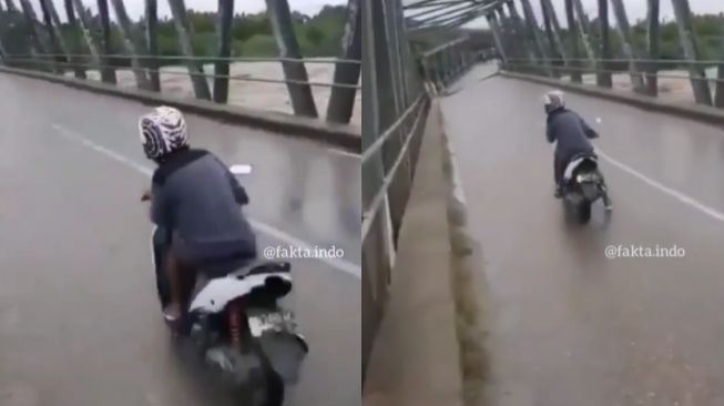 Niatnya Mau Menerobos Jembatan Roboh, Aksi Pemotor Ini Berakhir Tak Terduga