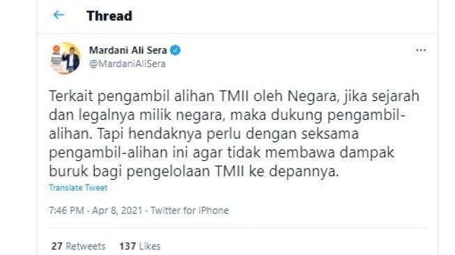 Cuitan Mardani Ali Sera soal TMII diambil alih Pemerintah.[Twitter/@MardaniAliSera]