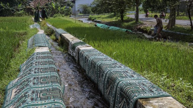 Sejumlah warga bergotong royong menjemur karpet mushalla di Karanganyar, Kabupaten Pekalongan, Jawa Tengah, Jumat (9/4/2021). [ANTARA FOTO/Harviyan Perdana Putra]