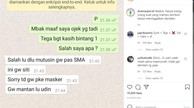 Percakapan driver dan mantan kekasih sekaligus penumpangnya. - (Instagram/@dramaojol.id)