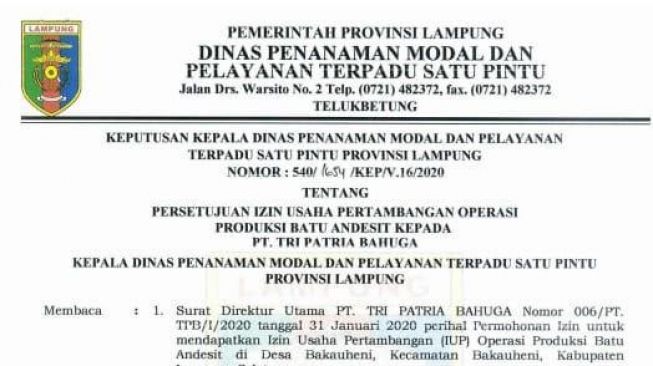 Pemprov Lampung Diduga Langgar Keluarnya Izin tambang Yang Tidak Sesuai RTR
