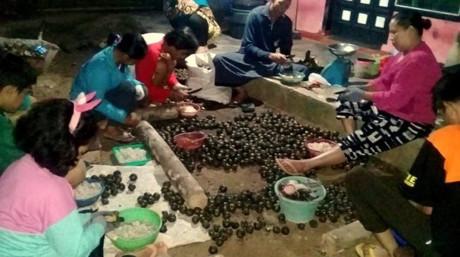 Warga Sukapura, Sumberjaya, Lampung Barat, sibuk mengupas kolang-kaling jelang ramadan. [Lampungpro.co]