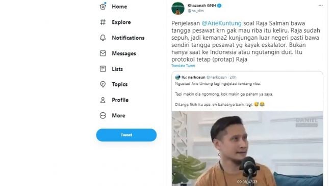 Cuitan akun Khazanah GNH soal Arie Untung berikan penjelasan alasan Raja Salman bawa tangga pesawat dari Arab Saudi.[Twitter/@na_dirs]