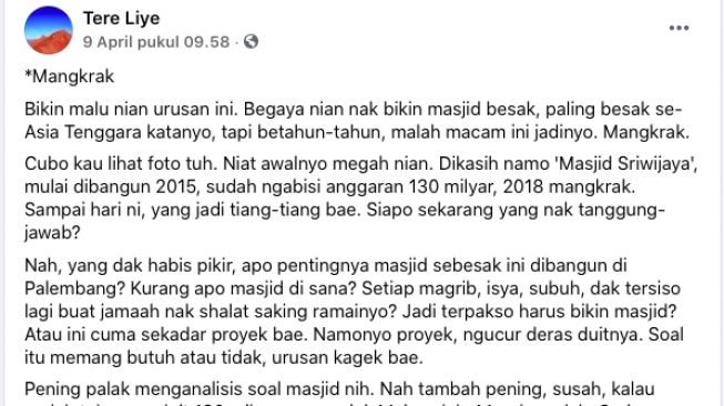 Unggahan Tere Liye soal Masjid Sriwijaya [facebook]