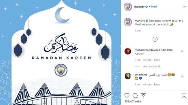 Manchester City ucapkan selamat Ramadhan untuk umat muslim di seluruh dunia. (Instagram/@arsenal).