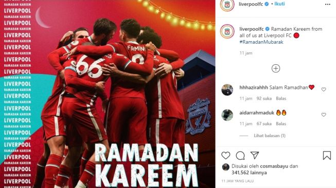 Liverpool ucapkan selamat Ramadhan untuk umat muslim di seluruh dunia. (Instagram/@liverpoolfc).