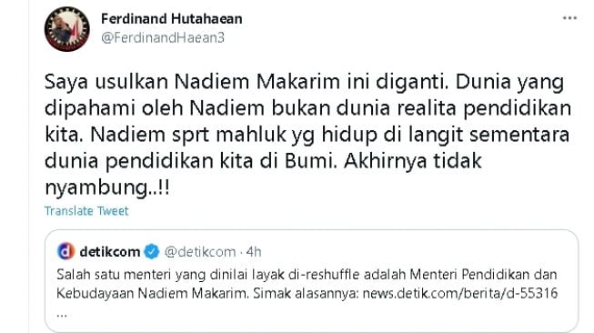 Cuitan Ferdinand soal Mendikbud Nadiem Makarim (twitter.com/@FerdinandHaean3)