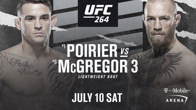 Duel trilogi antara Dustin Poirier vs Conor McGregor akan berlangsung dalam UFC 264 di T-Mobile Arena, Las Vegas, Amerika Serikat, pada 10 Juli 2021. [Twitter/UFC]