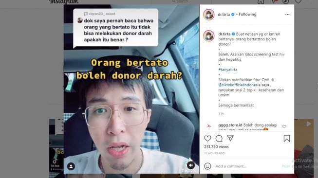 Dokter Tirta memberikan penjelasan soal boleh tidaknya orang bertato donor darah.[Instagram/@dr.tirta]