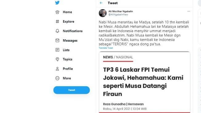 Cuitan Ali Mochtar Ngabalin soal Abdullah Hehamahua ibaratkan pertemuan dengan Presiden Joko Widodo seperti Musa datangi FIraun.[Twitter/@AliNgabalinNew]