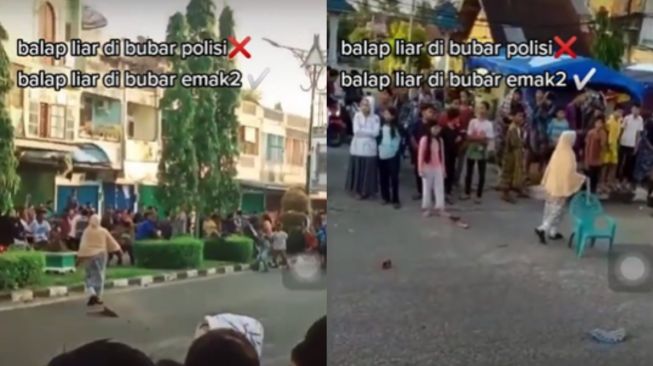 Heboh! Aksi Emak-emak Bubarkan Balap Liar, Jalanan Ditutup Pakai Kursi