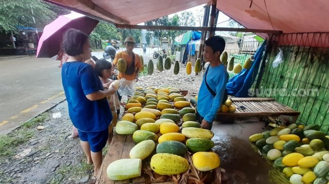 Pedagang timun suri menjajakan dagangannya di bulan Ramadhan untuk hidangan buka puasa di Jalan Raya Serpong, Tangerang Selatan (Tangsel), Kamis (15/4/2021). [SuaraJakarta.id/Wivy Hikmatullah]