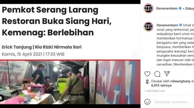 Ifan Seventeen soroti kebijakan Pemkot Serang, Banten yang melarang restoran atau rumah makan untuk tutup siang hari selama Ramadhan. [Instagram]