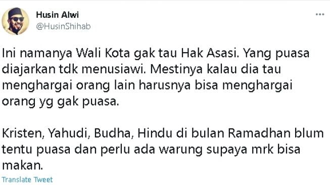 Cuitan Husin Shihab soal imbauan penutupan warung makan di Serang (twitter.com/@HusinShihab)