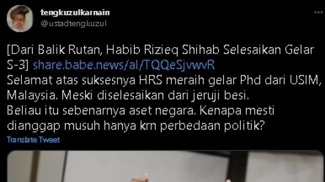 Tengku Zul sebut Habib Rizieq aset negara. (Twitter)