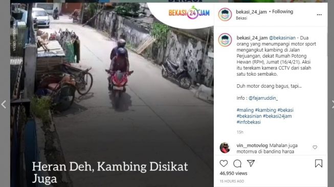 Viral video rekaman CCTV pengendara motor sport curi kambing di Jalan Perjuangan.[Instagram/@bekasi_24_jam]