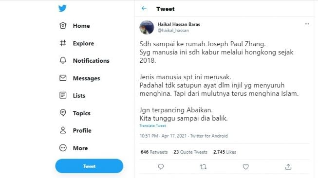 Cuitan Ustaz Haikal Hassan terkait dengan YouTuber mengaku nabi Jozeph Paul Zhang.[Twitter/@haikal_hassan]