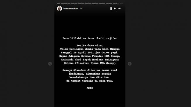 Mertua Dian Sastrowardoyo, Adiguna Sutowo meninggal dunia. (instastory Iwet Ramadhan)