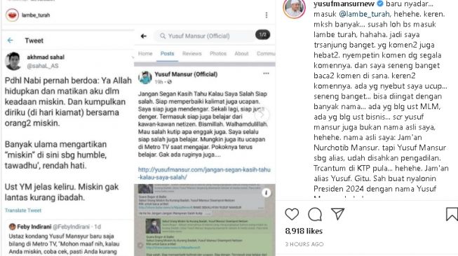 Unggahan IG ustaz Yusuf Mansur ( instagram.com/@yusufmansurnew)