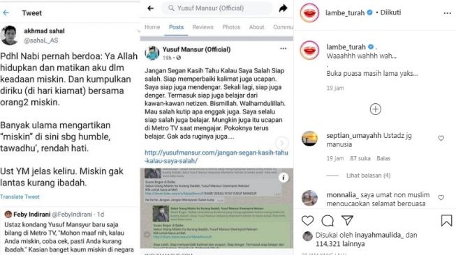 Unggahan soal Ustaz Yusuf Mansur [Instagram/@Lambe_turah]