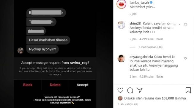 Unggahan soal Devano Danendra [Instagram/@lambe_turah]