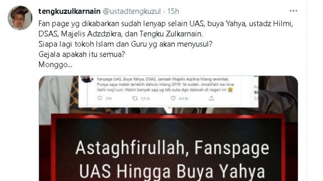 Fanpage sejumlah ulama ternama menghilang (twitter.com/@ustadtengkuzul)