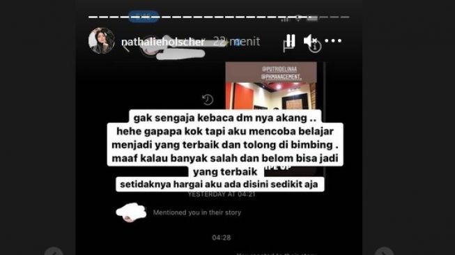 Nathalie Holshcer mengungkap percakapan Sule dengan Putri Delina. Dalam percakapan itu, Sule mengakui Lina Jubaedah tetap yang terbaik dan masih mencintai almarhumah. [Instagram Story]