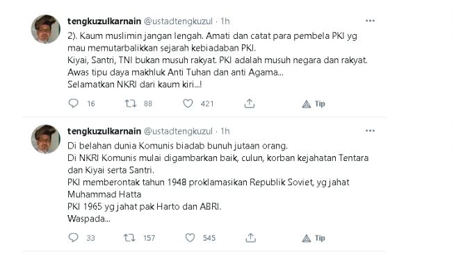 Cuitan Tengku Zul soal PKI dan komunis (twitter.com/@ustadtengkuzul)