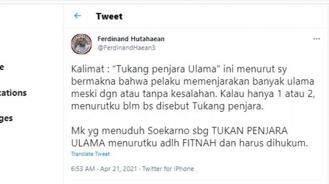 Cuitan Ferdinand Hutahaean soal Presiden pertama RI Soekarno disebut tukang penjarakan ulama.[Twitter/@FerdinandHaean3]