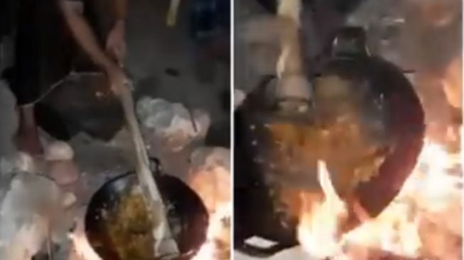 Aksi Kocak Pria Masak Pakai Cangkul, Cara Ngaduknya bak Kuli Bangunan