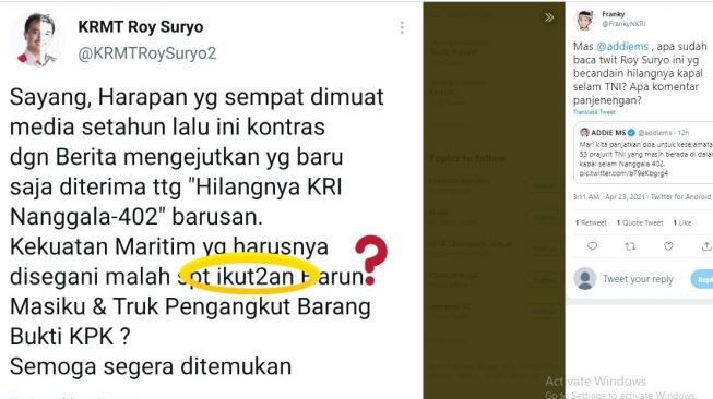 Tangkapan layar diduga cuitan Roy Suryo.[Twitter/@FrankyNKRI]