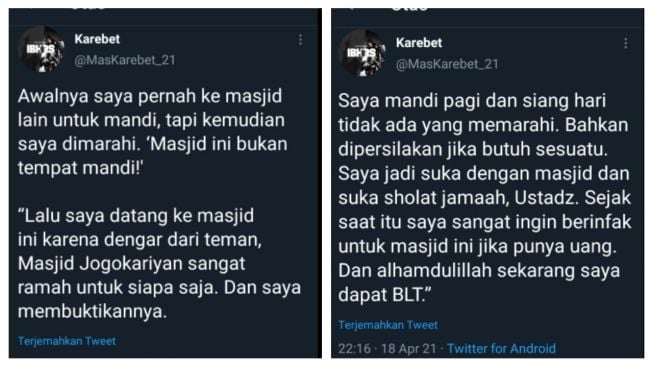 Kisah Haru Tukang Becak Merasa Dilayani Masjid, Rela Sumbangkan Rezekinya (Twitter/MasKarebet_21)