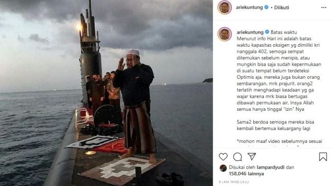 Arie Untung optimis seluruh awak Kapal Selam KRI Nanggala-402 selamat. [Instagram]