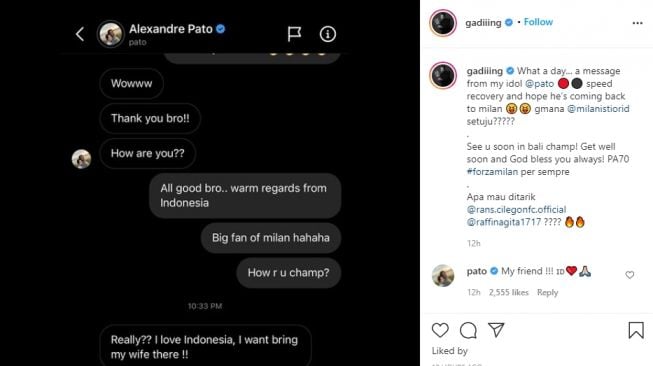 Gading Marten dan Alexandre Pato saling berbalas pesan. (Instagram/gadiiing)