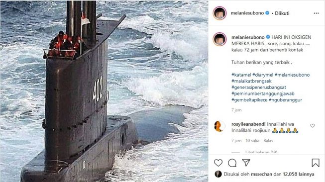 Dukungan Melanie Subono atas hilangnya Kapal Selam KRI Nanggala-402. [Instagram]