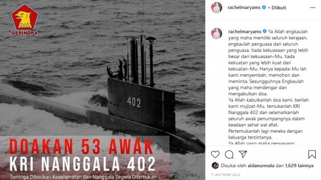 Doa Rachel Maryam untuk keselamatan seluruh awak Kapal Selam KRI Nanggala-402 selamat. [Instagram]