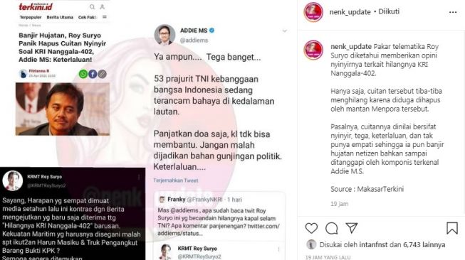 Unggahan soal Roy Suryo [Instagram/@nenk_update]