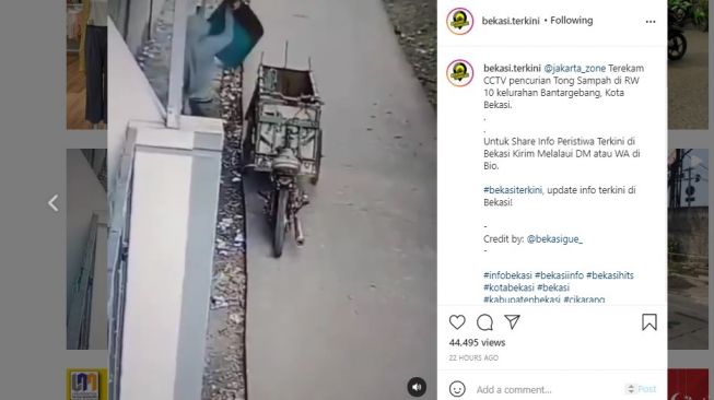 Viral maling tong sampah di Bekasi.[Instagram/@bekasi.terkini]