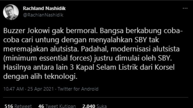 SBY Diserang Usai Nanggala 402 Karam, Rachland: Buzzer Jokowi Tak Bermoral