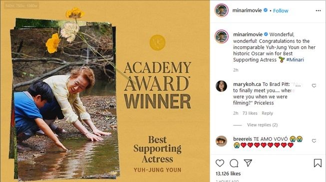 Aktris Youn Yuh Jung menang Piala Oscar berkat film "Minari". (Instagram/@minarimovie)