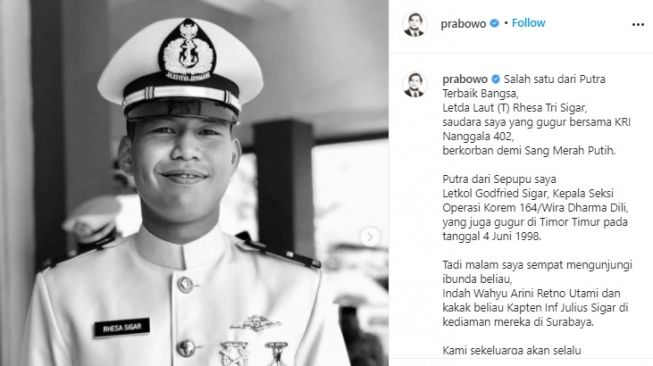 Profil Letda Rhesa Sigar, Keponakan Prabowo yang Gugur di KRI Nanggala-402
