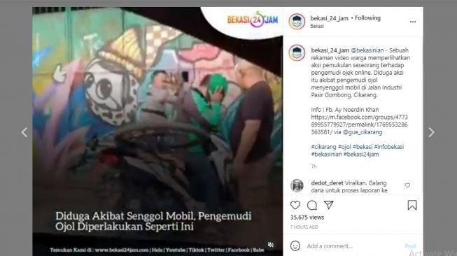 Viral driver ojol dipukul diduga karena menyenggol mobil di Cikarang Utara, Kabupaten Bekasi.[Instagram/@bekasi_24_jam]