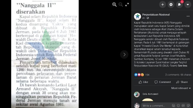 Berita tahun 1981 tentang serah terima KRI Nanggala (facebook.com/ayokeperpusnas)