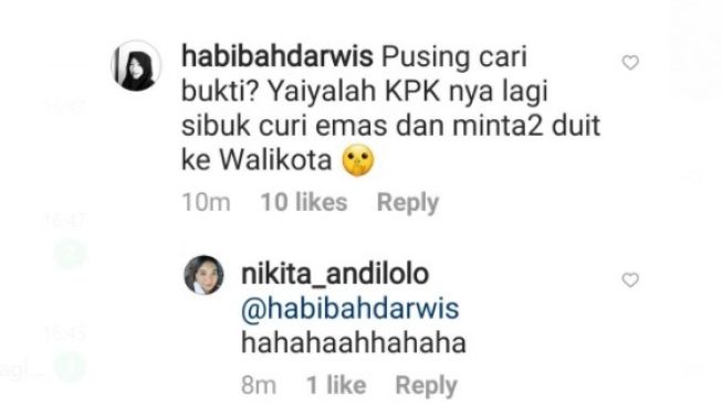 Akun habibahdarwis menulis KPK sibuk curi emas dan minta duit / [tangkapan layar instagram]