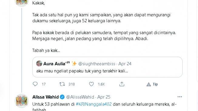 Cuitan Alissa Wahid menguatkan anak prajurit yang gugur dalam tragedi KRI Nanggala (twitter.com)