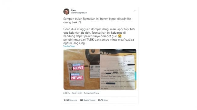 Kehilangan dompet dan terima paket isinya tak terduga. [Twitter]