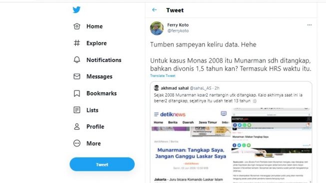 Cuitan Ferry Koto soal soal Munarman ditangkap tahun 2008.[Twitter/@ferrykoto]