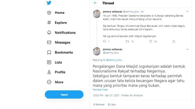 Cuitan Jemmy Setiawan soal penggalangan dana pembelian kapal selam.[Twitter/@Jemmy_biru]