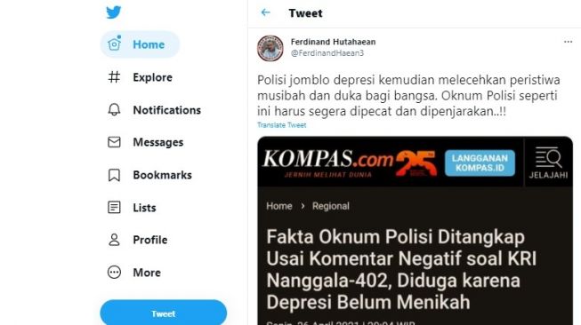 Cuitan Ferdinand Hutahaean soal oknum polisi komentar negatif mengenai peristiwa tenggelamnya kapal selam KRI Nanggala-402.[Twitter/@FerdinandHaean3]